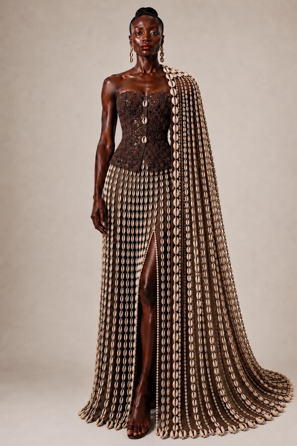 Couture gown of draped cowrie-shell strands with a sweeping cape