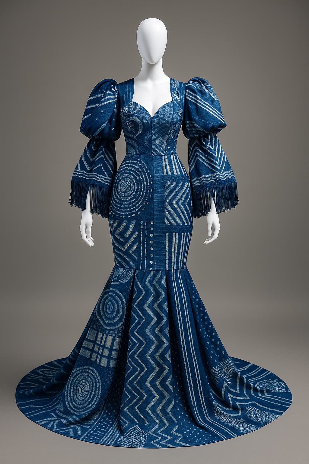 Indigo adire mermaid gown with fringed sleeves on a display form