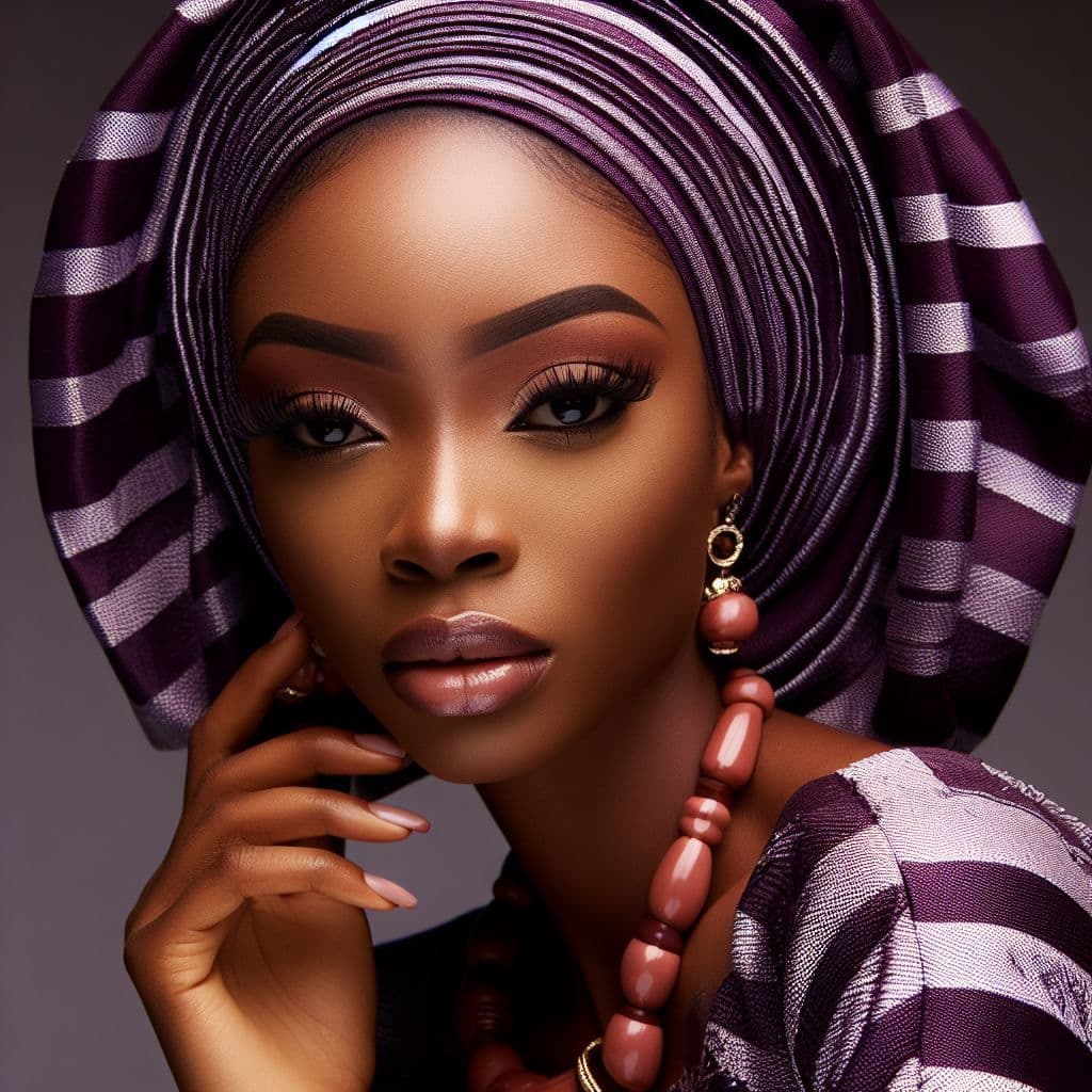 Portrait of a woman in a purple striped aso oke gele with coral beads