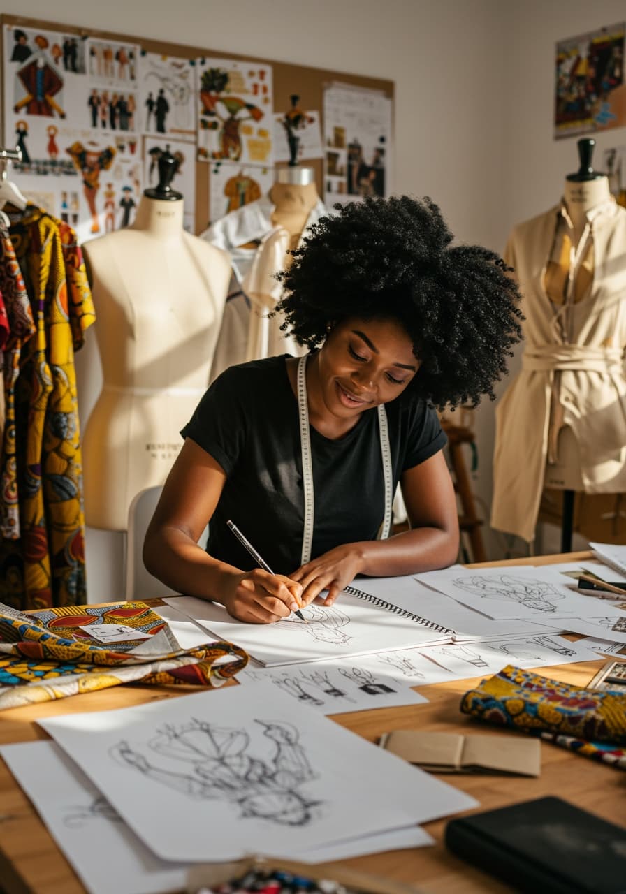 Fashion designer sketching at a sunlit worktable surrounded by dress forms and ankara fabrics