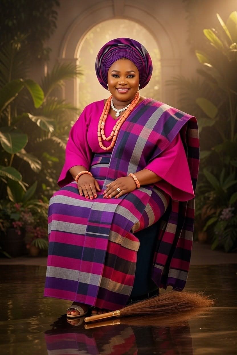 Seated woman draped in regal purple and magenta aso oke