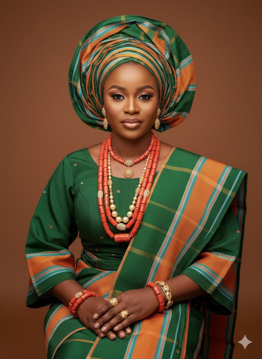 Woman in an emerald and orange aso oke with gele and coral beads